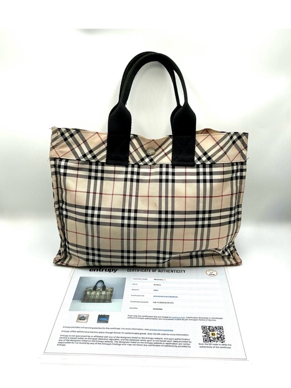 Burberry Beige Plaid Tote with Black Handles